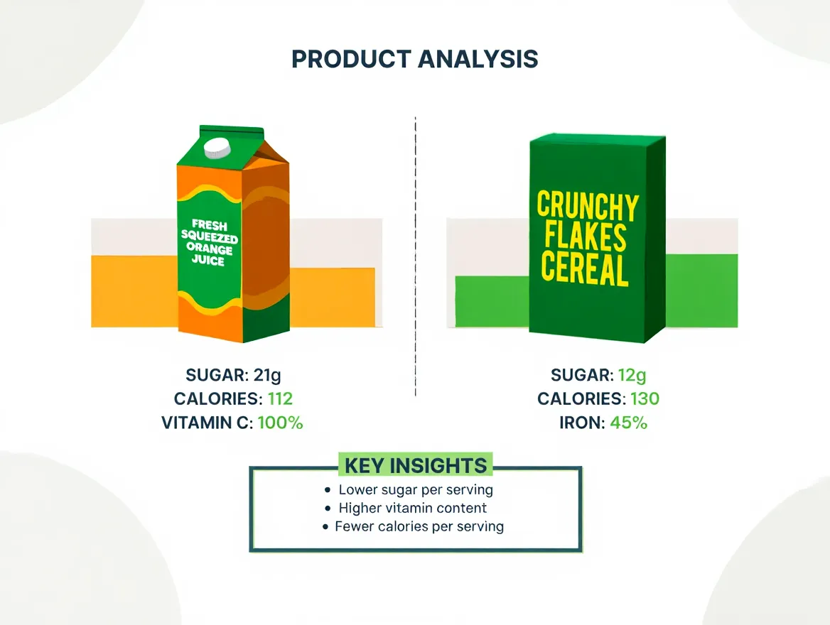 Visual representation of a side-by-side food product analysis process showing structured data comparison