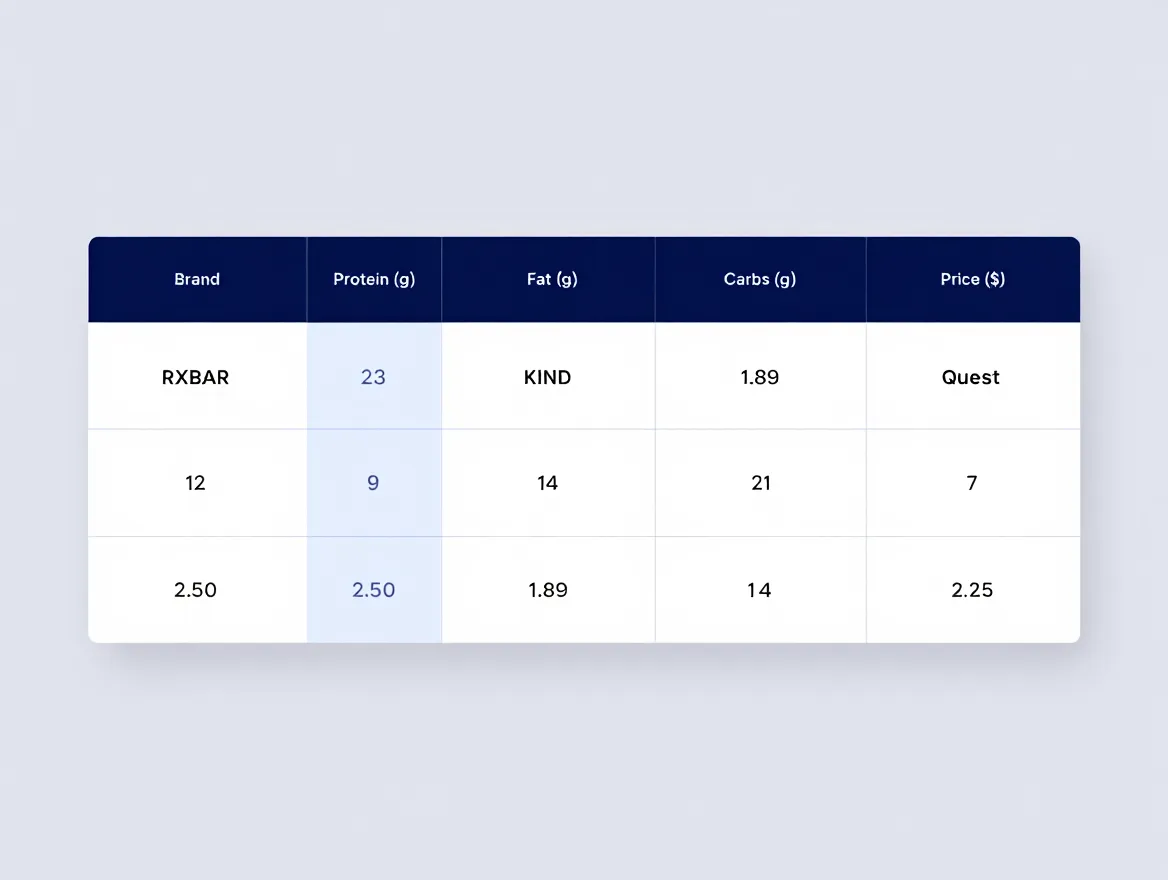 Structured comparison table layout showing organized rows of food product data for neutral evaluation